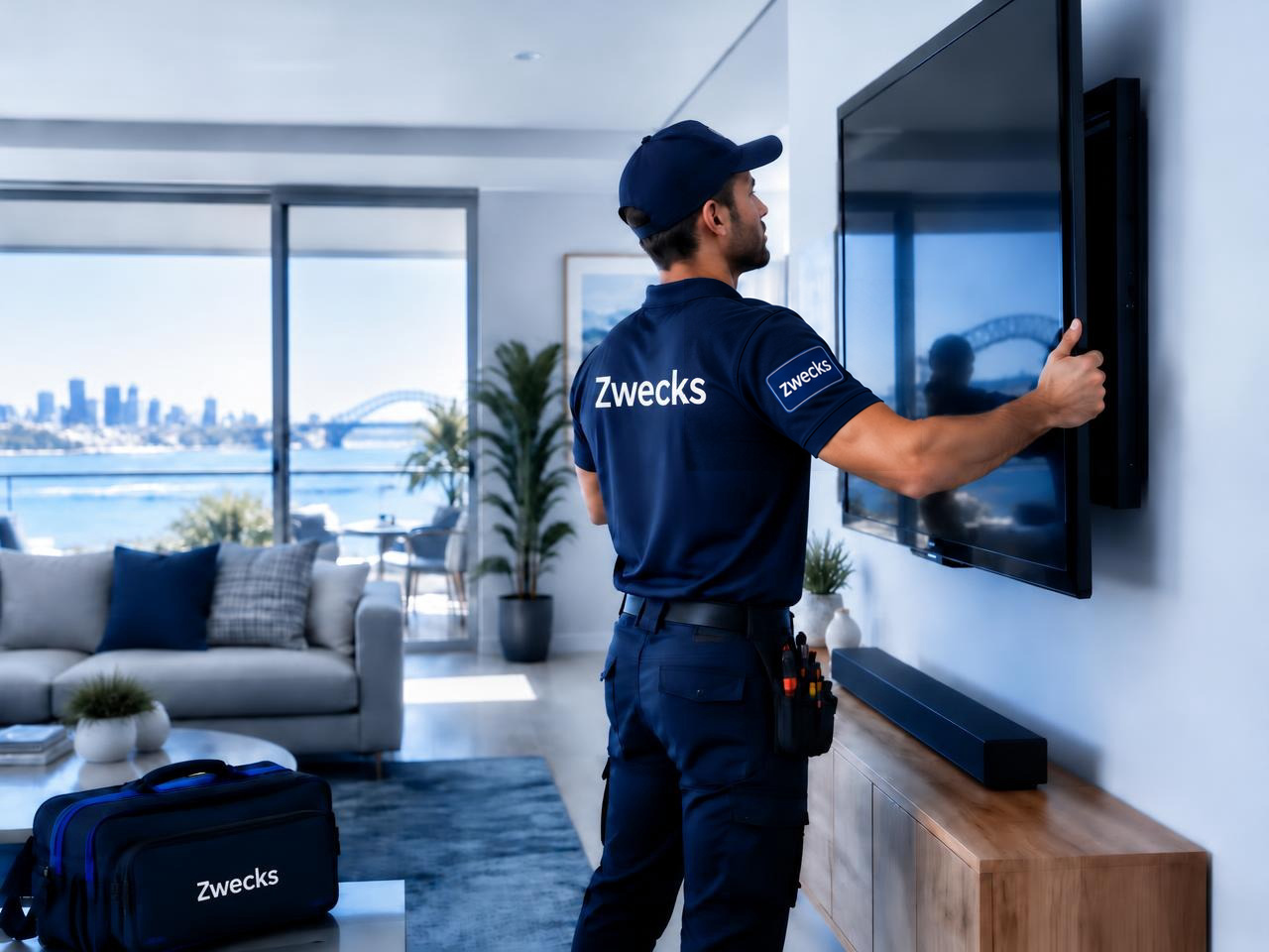Zwecks technician installing a TV
